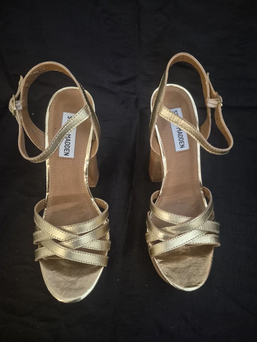 Steve Madden Metallic Gold Platform Sandals with Wood Block Heel